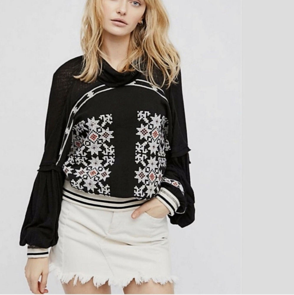 Free People Black and White Bell Sleeve Blouse